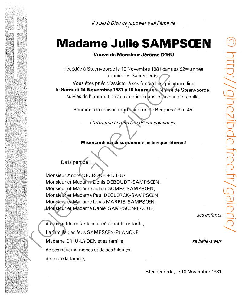 Julie SAMPSOEN veuve de Jérôme D'HU, décédée à Steenvoorde, le 10 Novembre 1981 (91 ans).